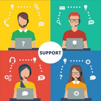 Call center icons, avatar of mans and womans wearing headsets. Coloful vector illustration of support service.