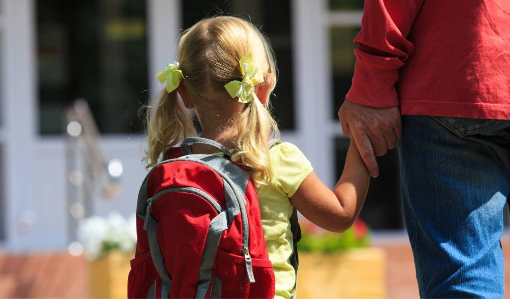 child's back holding hand with an adult