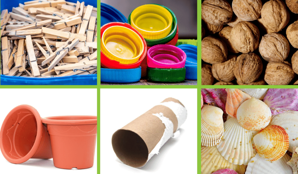 pegs, bottle tops, nuts, plastic pots, cardboard or bubble wrap