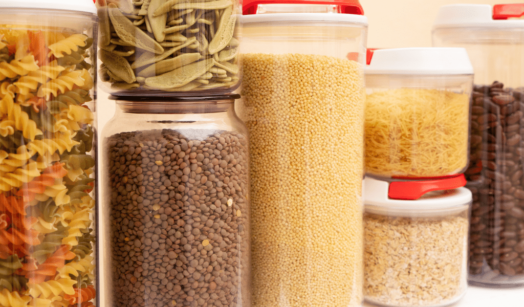 pasta, pulses and grains stored in cupboard