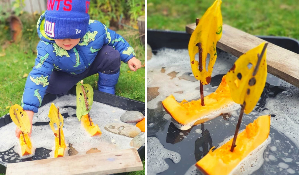 child playing outdoors with fruit