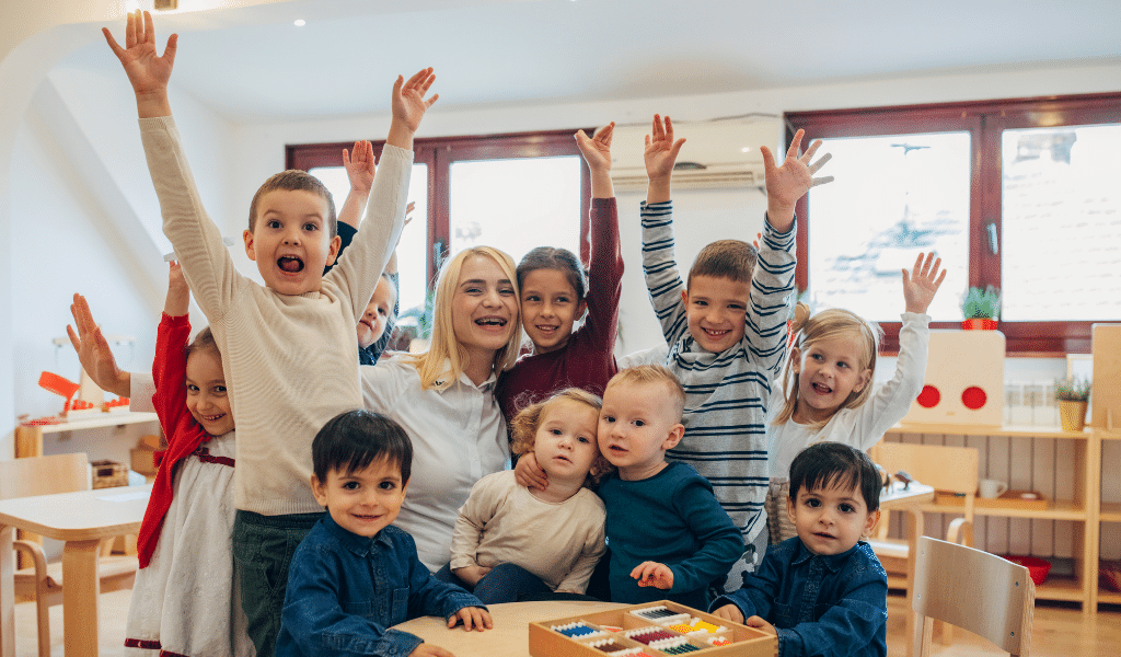 childminder surrounded by children