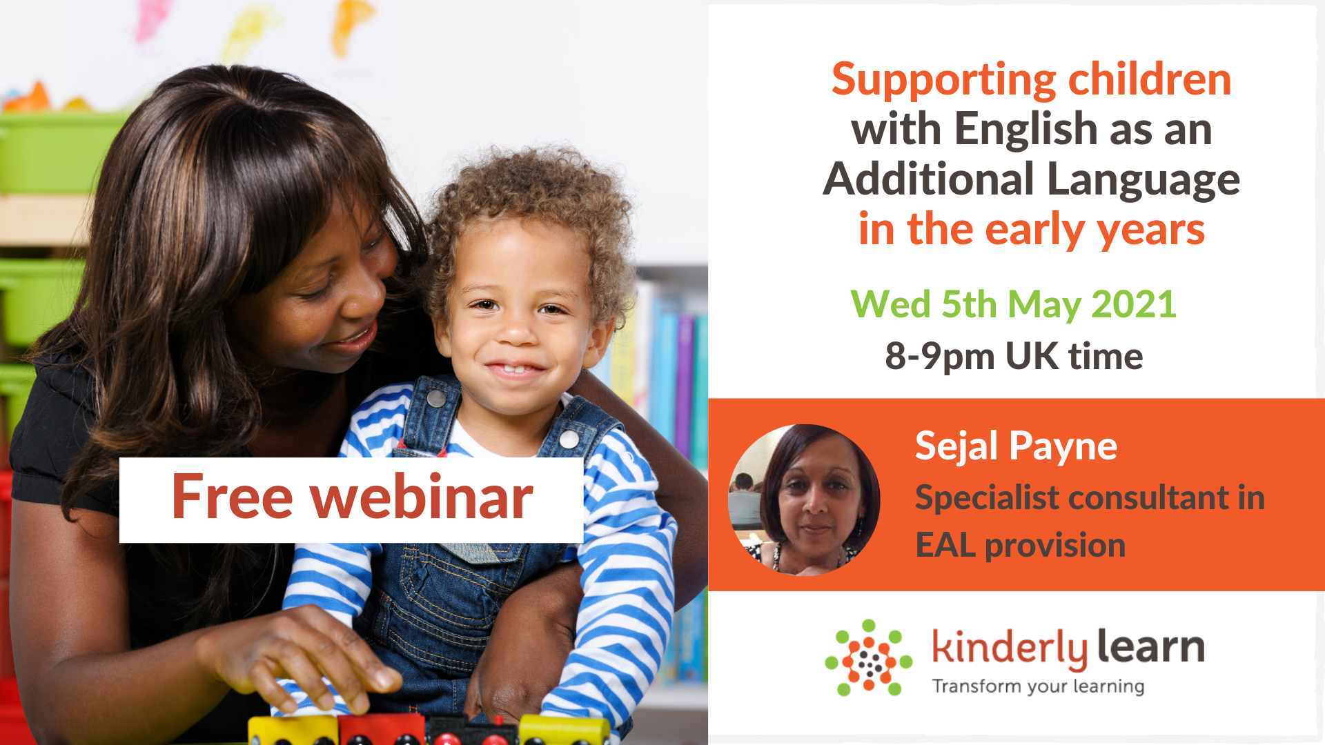 promotional flyer for webinar EAL with sajel payne