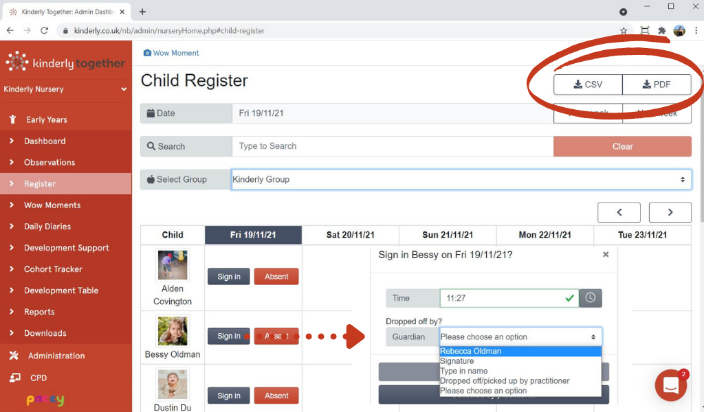 Child register on Kinderly Together EYFS app
