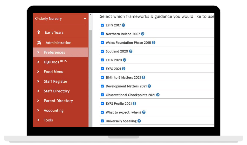 laptop showing frameworks you can use on kinderly together