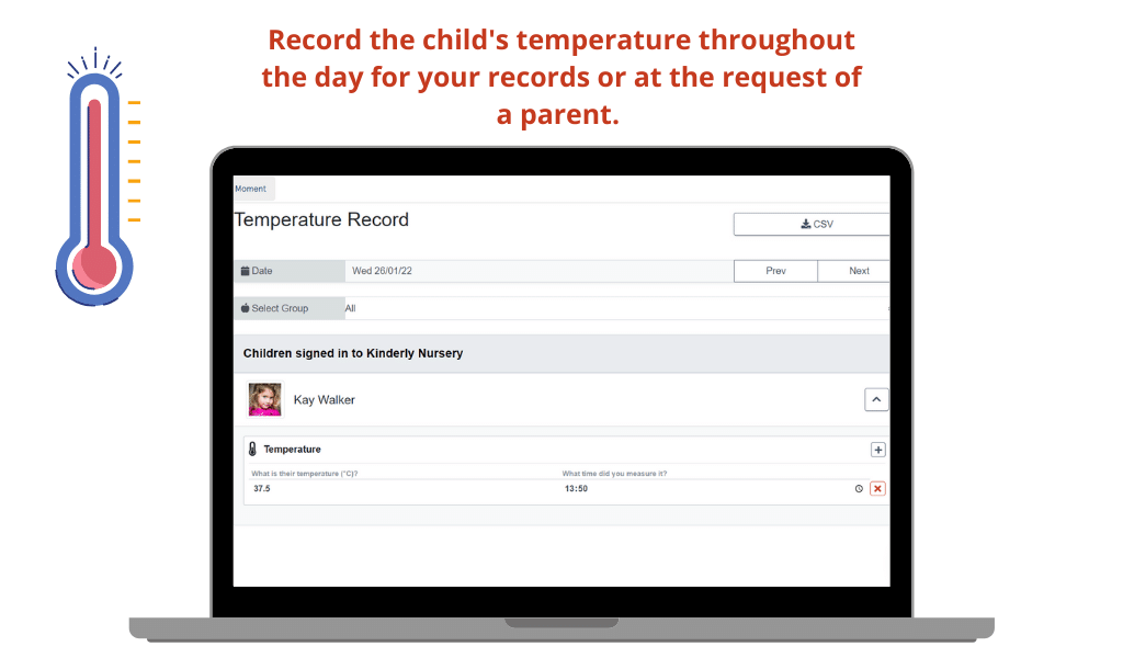 laptop showing kinderly together software feature where you can log a child's temperature