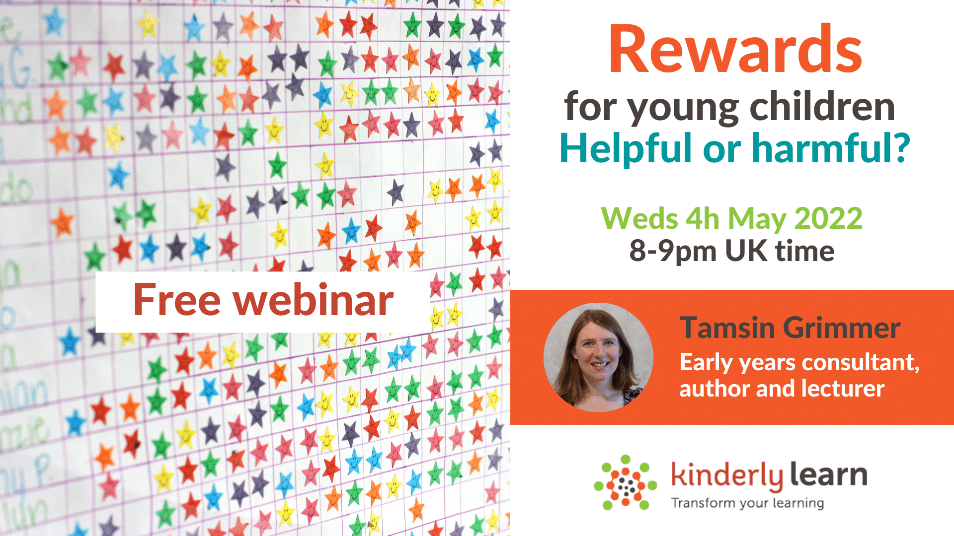 walls with children's stickers next to a poster that says ' rewards for children are they helpful or harmful' with details on free kinderly webinar