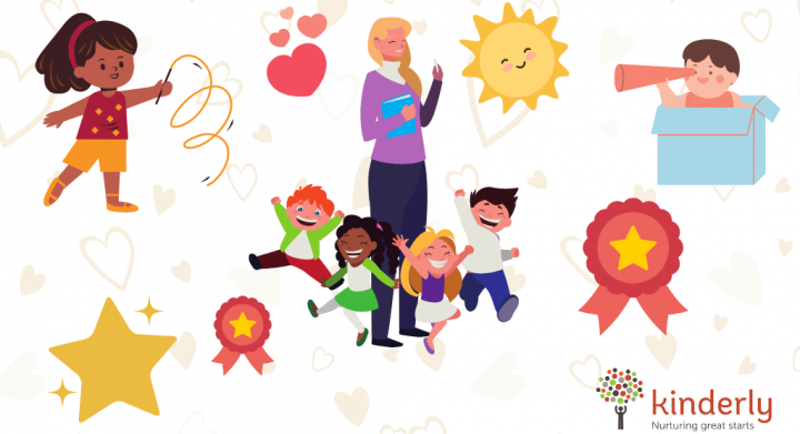 childminder surrounded by children who look very happy and relaxed, surrounded by stars, hearts and a medal