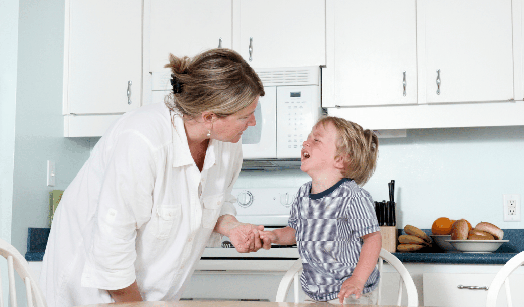 woman holding the hand of a child who is crying, she's trying to talk to him