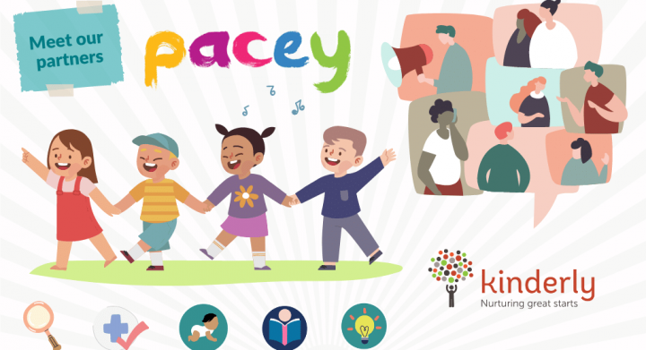 children dancing while childminders discuss conversations in the background with the pacey logo