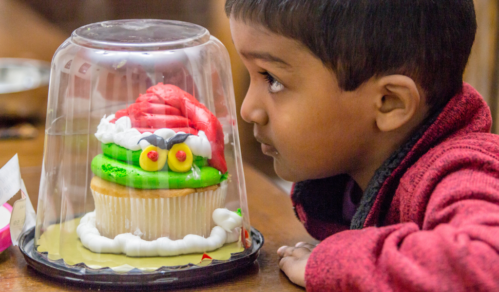 boy looking at cupcake under a glass
