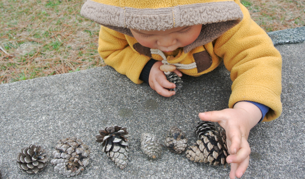 Child in yellow coat playing with pine cones