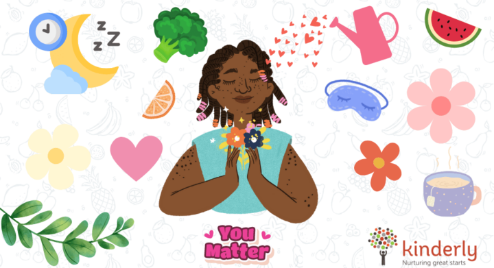 black woman loving herself surrounded by calm, flowers, healthy fgoods