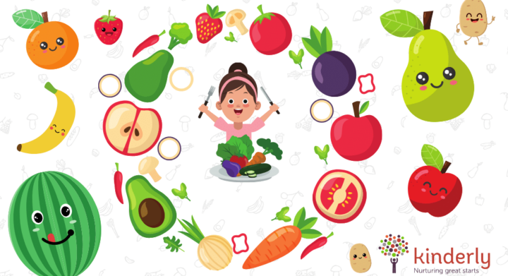 fruits surrounding a child who is eating happily