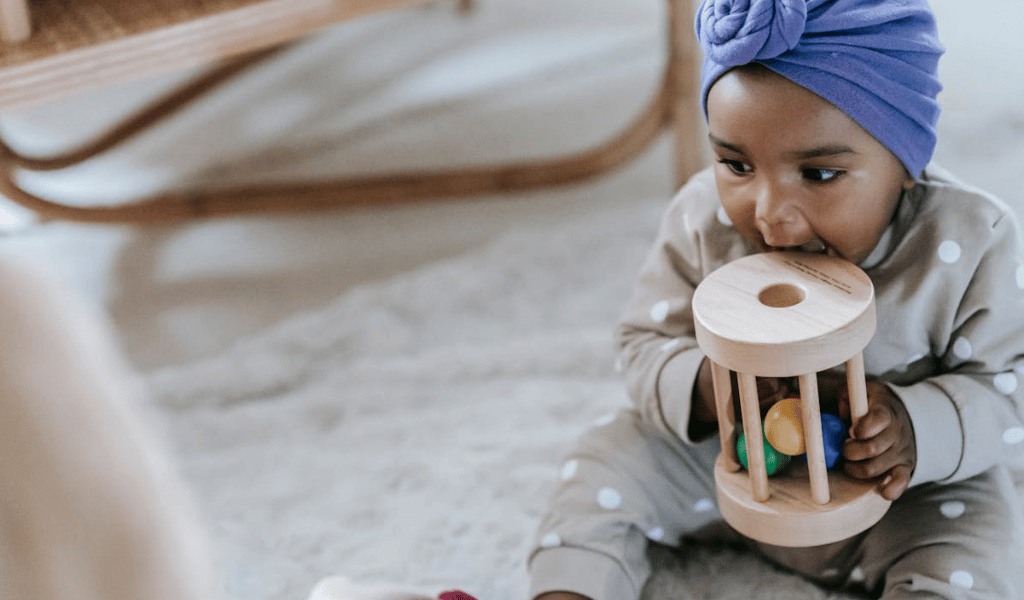 Cute black baby with toy rattle