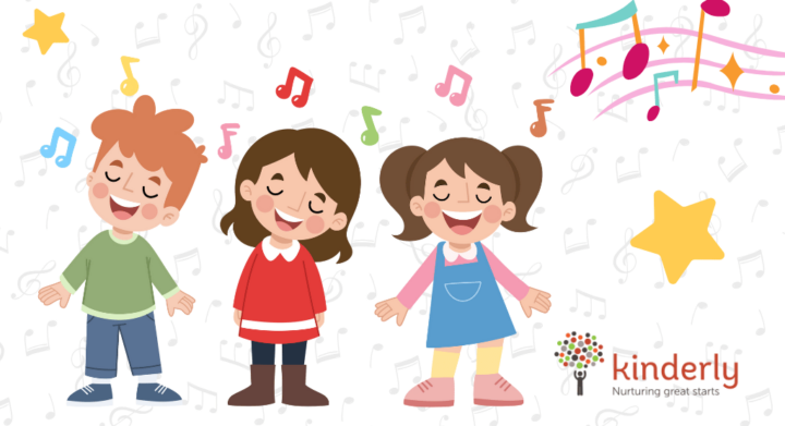 children singing surrounded by musical notes