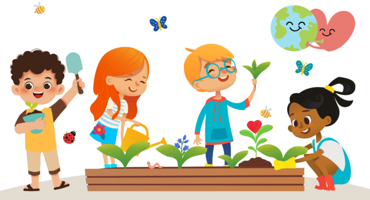 children gardening surrounded by insects and plants
