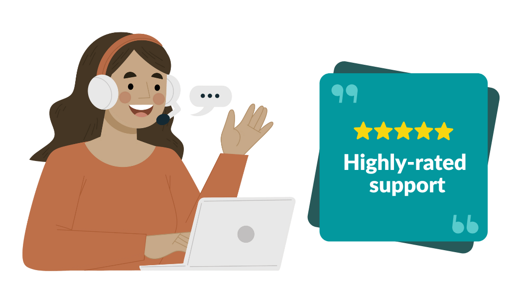 customer support person chatting to a client with headphones over her laptop