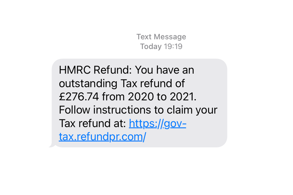 Image showing an example of a scam HMRC text message which is trying to get you to click on a hyperlink and enter personal details.
