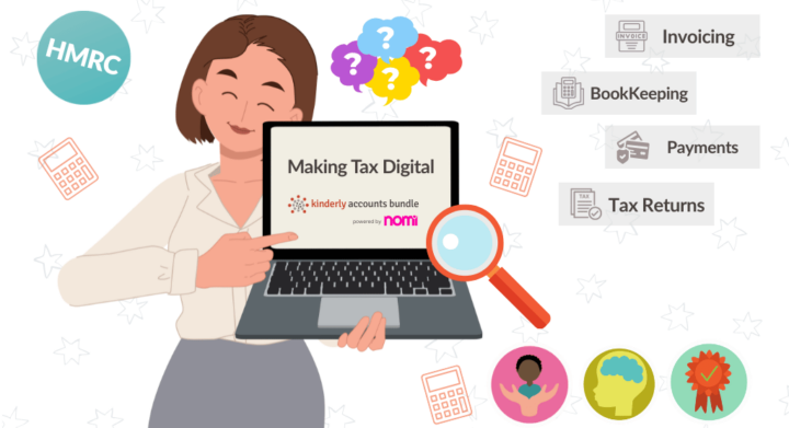 childminder holding a laptop that is showing making tax digital information. she is surrounded by objects like a calculator, tax, invoicing or bookkeeping