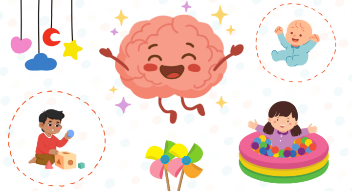 child's brain happy surrounded by other drawings of children playing with different toys