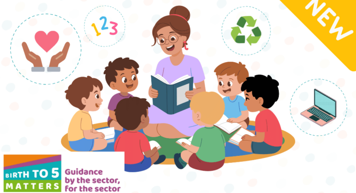 children around a childminder with a book surrounded by icons of key elements from the new birth to 5 matters guidance